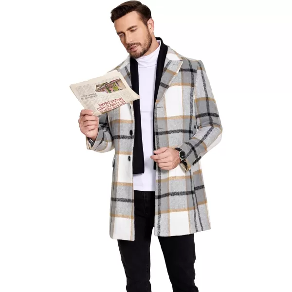COOFANDY Men's Wool Blend Coat with Detachable Plaid Scarfs Notched Collar Single Breasted Pea Coat Trench Overcoat