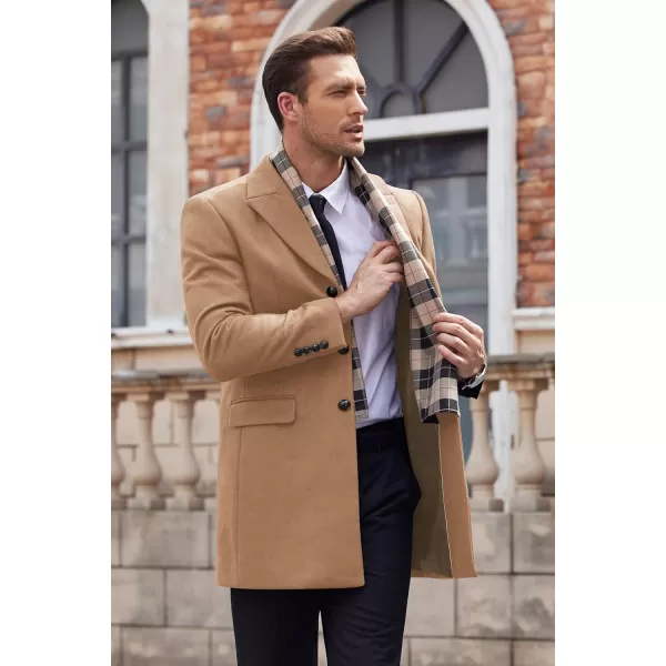 COOFANDY Men's Wool Blend Coat with Detachable Plaid Scarfs Notched Collar Single Breasted Pea Coat Trench Overcoat