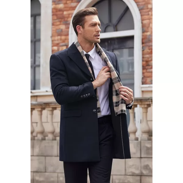 COOFANDY Men's Wool Blend Coat with Detachable Plaid Scarfs Notched Collar Single Breasted Pea Coat Trench Overcoat