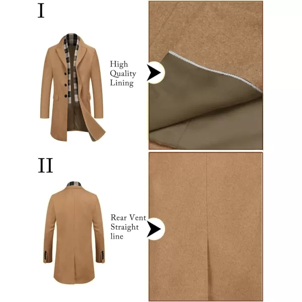 COOFANDY Men's Wool Blend Coat with Detachable Plaid Scarfs Notched Collar Single Breasted Pea Coat Trench Overcoat