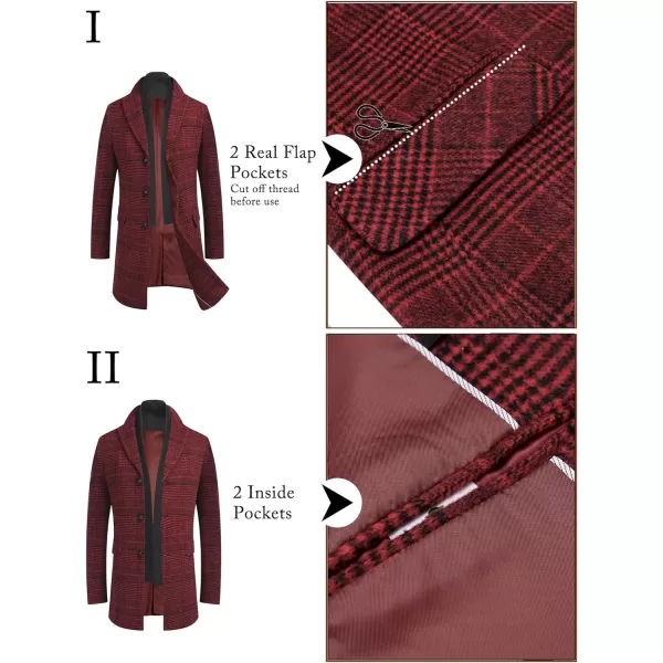 COOFANDY Men's Wool Blend Coat with Detachable Plaid Scarfs Notched Collar Single Breasted Pea Coat Trench Overcoat