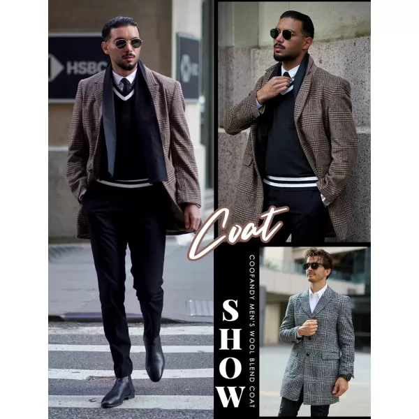 COOFANDY Men's Wool Blend Coat with Detachable Plaid Scarfs Notched Collar Single Breasted Pea Coat Trench Overcoat