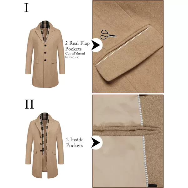 COOFANDY Men's Wool Blend Coat with Detachable Plaid Scarfs Notched Collar Single Breasted Pea Coat Trench Overcoat