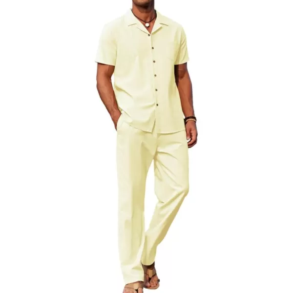 COOFANDY Men 2 Piece Linen Outfit Beach Button Down Shirt Casual Loose Pant Sets