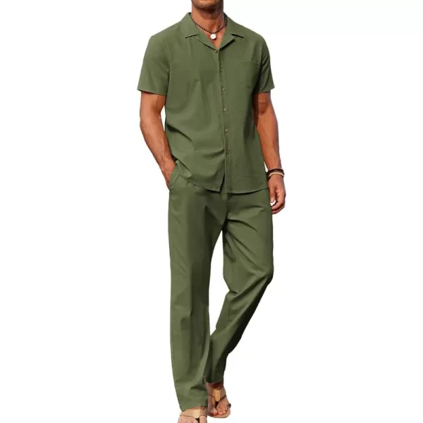 COOFANDY Men 2 Piece Linen Outfit Beach Button Down Shirt Casual Loose Pant Sets