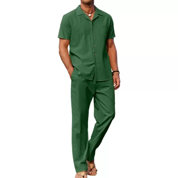 COOFANDY Men 2 Piece Linen Outfit Beach Button Down Shirt Casual Loose Pant Sets