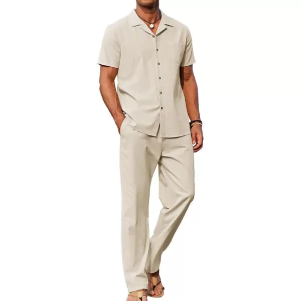 COOFANDY Men 2 Piece Linen Outfit Beach Button Down Shirt Casual Loose Pant Sets