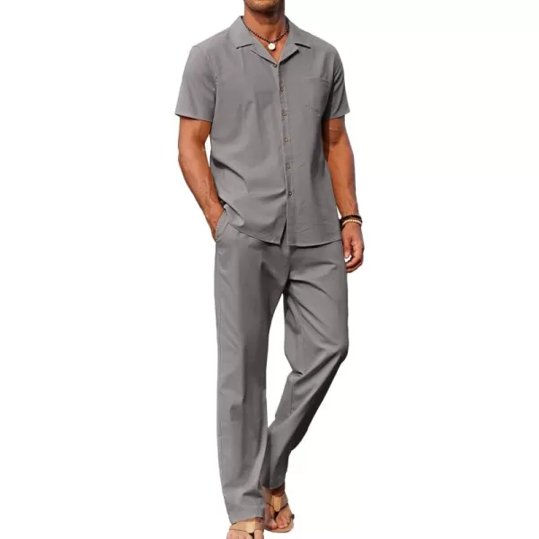 COOFANDY Men 2 Piece Linen Outfit Beach Button Down Shirt Casual Loose Pant Sets