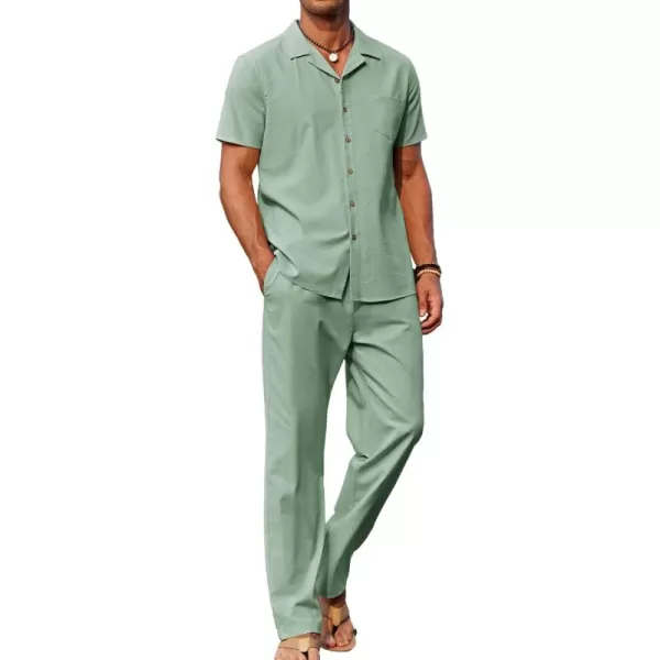 COOFANDY Men 2 Piece Linen Outfit Beach Button Down Shirt Casual Loose Pant Sets