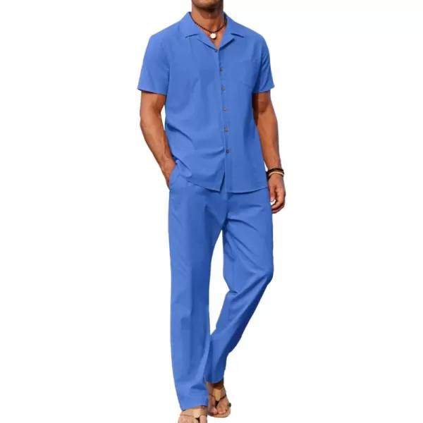 COOFANDY Men 2 Piece Linen Outfit Beach Button Down Shirt Casual Loose Pant Sets