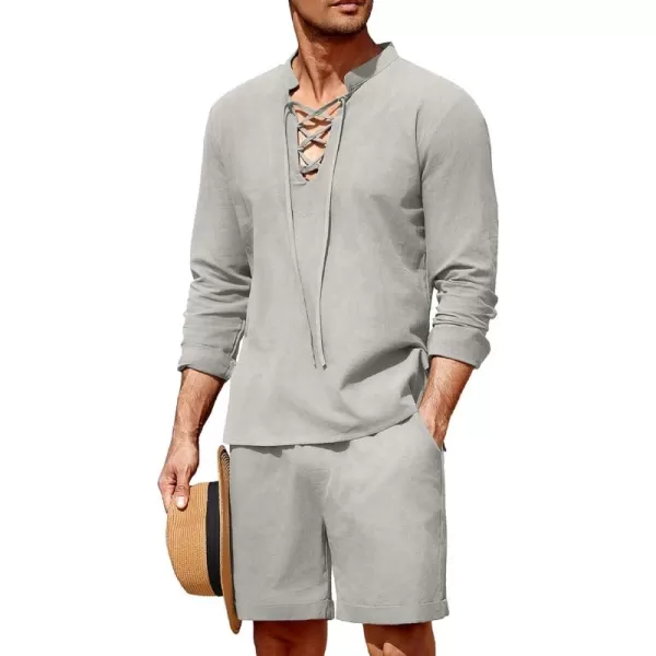 COOFANDY Men's 2 Pieces Cotton Linen Set Summer Beach Outfit Henley Yoga Lace Up Long Sleeve Shirt and Short