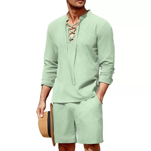 COOFANDY Men's 2 Pieces Cotton Linen Set Summer Beach Outfit Henley Yoga Lace Up Long Sleeve Shirt and Short