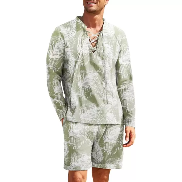 COOFANDY Men's 2 Pieces Cotton Linen Set Summer Beach Outfit Henley Yoga Lace Up Long Sleeve Shirt and Short