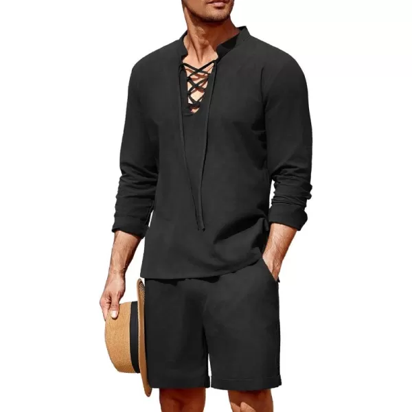 COOFANDY Men's 2 Pieces Cotton Linen Set Summer Beach Outfit Henley Yoga Lace Up Long Sleeve Shirt and Short