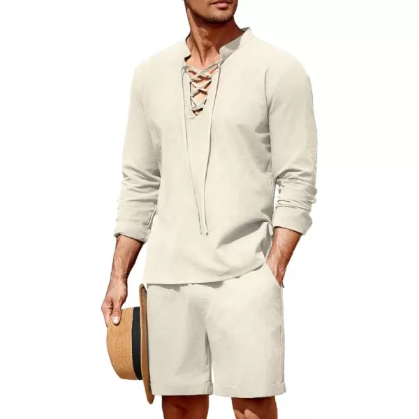 COOFANDY Men's 2 Pieces Cotton Linen Set Summer Beach Outfit Henley Yoga Lace Up Long Sleeve Shirt and Short