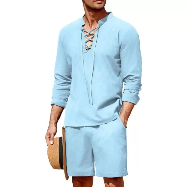 COOFANDY Men's 2 Pieces Cotton Linen Set Summer Beach Outfit Henley Yoga Lace Up Long Sleeve Shirt and Short