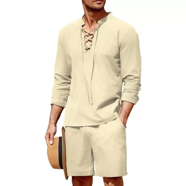 COOFANDY Men's 2 Pieces Cotton Linen Set Summer Beach Outfit Henley Yoga Lace Up Long Sleeve Shirt and Short