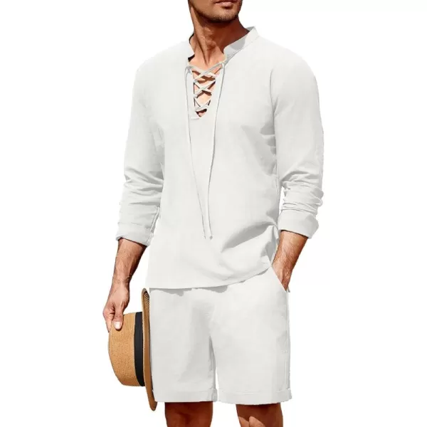 COOFANDY Men's 2 Pieces Cotton Linen Set Summer Beach Outfit Henley Yoga Lace Up Long Sleeve Shirt and Short