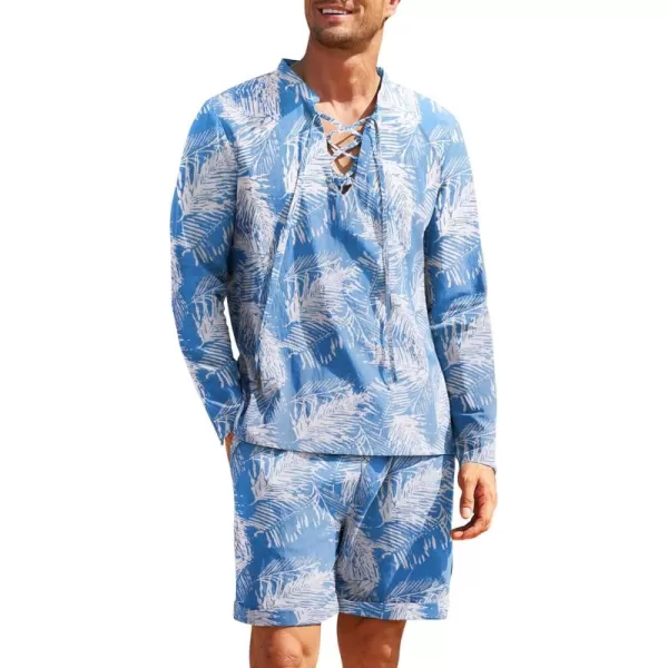 COOFANDY Men's 2 Pieces Cotton Linen Set Summer Beach Outfit Henley Yoga Lace Up Long Sleeve Shirt and Short
