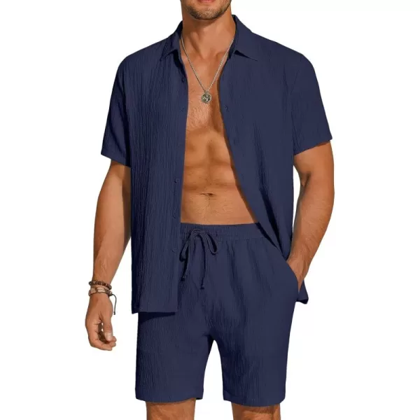 COOFANDY Men's 2 Pieces Matching Set Summer Beach Outfit Short Sleeve Button Down Textured Shirt And Shorts