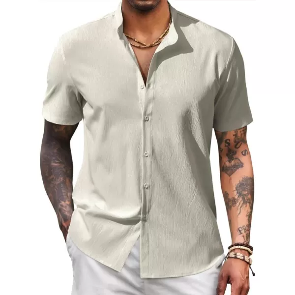 COOFANDY Men's Casual Button Down Short Sleeve Shirt Band Collar Shirts Textured Beach Summer Shirt