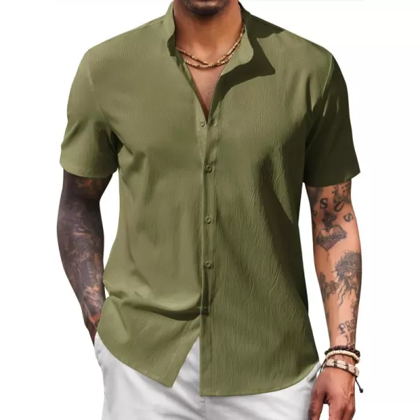 COOFANDY Men's Casual Button Down Short Sleeve Shirt Band Collar Shirts Textured Beach Summer Shirt