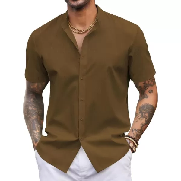 COOFANDY Men's Casual Button Down Short Sleeve Shirt Band Collar Shirts Textured Beach Summer Shirt