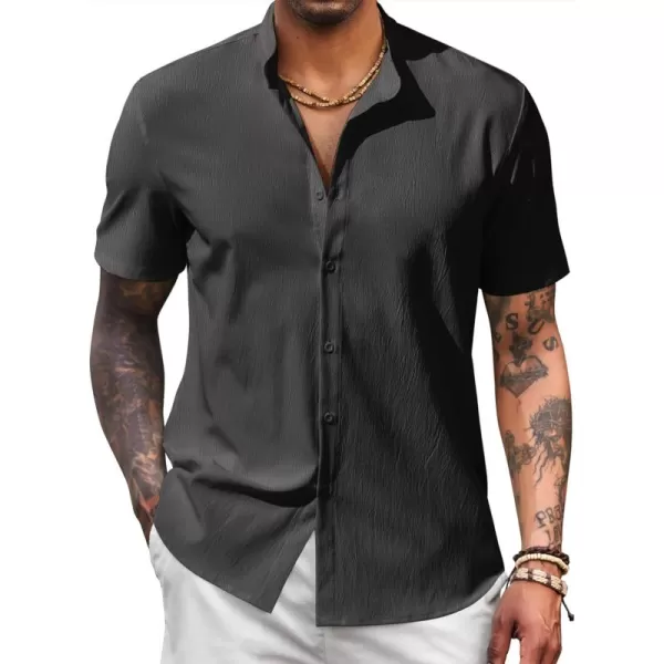 COOFANDY Men's Casual Button Down Short Sleeve Shirt Band Collar Shirts Textured Beach Summer Shirt