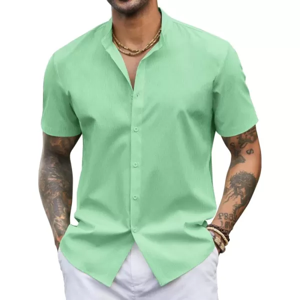 COOFANDY Men's Casual Button Down Short Sleeve Shirt Band Collar Shirts Textured Beach Summer Shirt