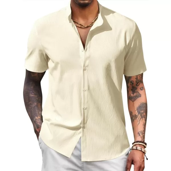 COOFANDY Men's Casual Button Down Short Sleeve Shirt Band Collar Shirts Textured Beach Summer Shirt