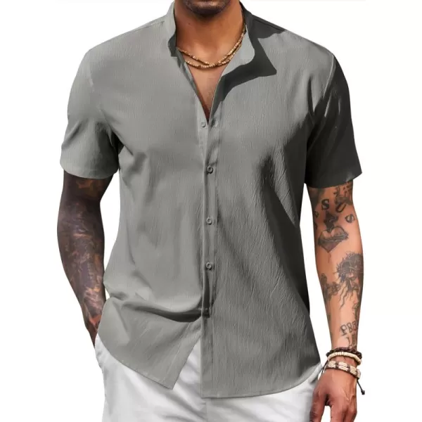 COOFANDY Men's Casual Button Down Short Sleeve Shirt Band Collar Shirts Textured Beach Summer Shirt