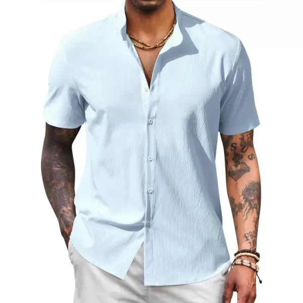 COOFANDY Men's Casual Button Down Short Sleeve Shirt Band Collar Shirts Textured Beach Summer Shirt