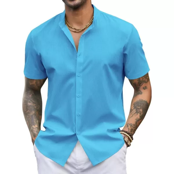 COOFANDY Men's Casual Button Down Short Sleeve Shirt Band Collar Shirts Textured Beach Summer Shirt