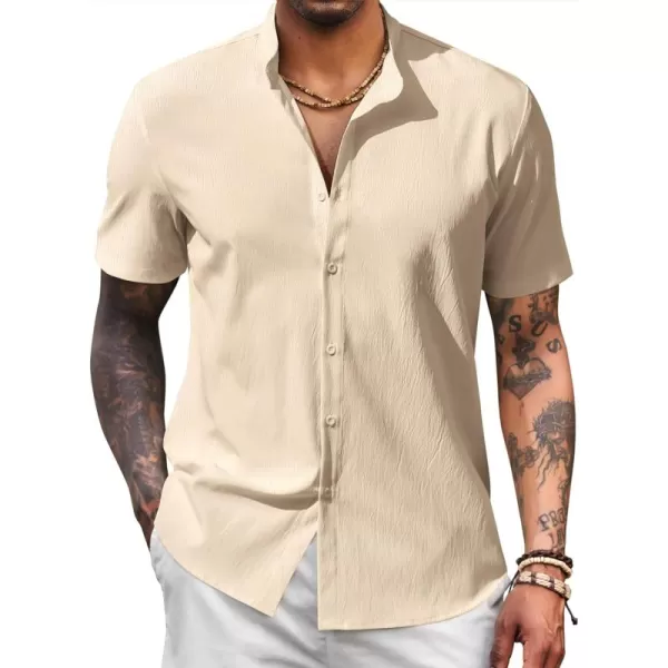 COOFANDY Men's Casual Button Down Short Sleeve Shirt Band Collar Shirts Textured Beach Summer Shirt