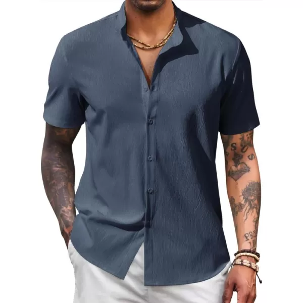 COOFANDY Men's Casual Button Down Short Sleeve Shirt Band Collar Shirts Textured Beach Summer Shirt
