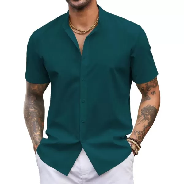 COOFANDY Men's Casual Button Down Short Sleeve Shirt Band Collar Shirts Textured Beach Summer Shirt
