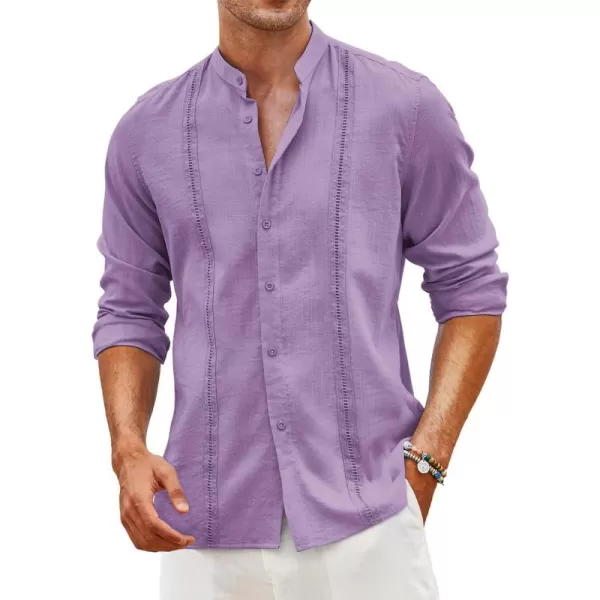 COOFANDY Men's Cuban Guayabera Shirts Casual Long Sleeve Button Down Shirts Band Collar Linen Summer Beach Shirts