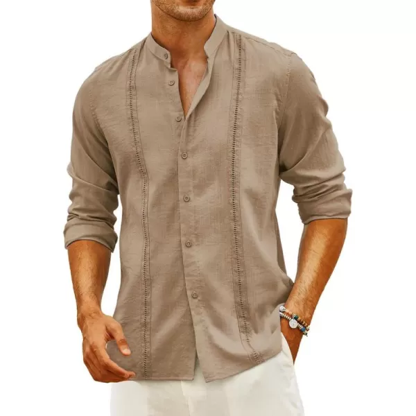 COOFANDY Men's Cuban Guayabera Shirts Casual Long Sleeve Button Down Shirts Band Collar Linen Summer Beach Shirts