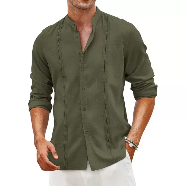 COOFANDY Men's Cuban Guayabera Shirts Casual Long Sleeve Button Down Shirts Band Collar Linen Summer Beach Shirts