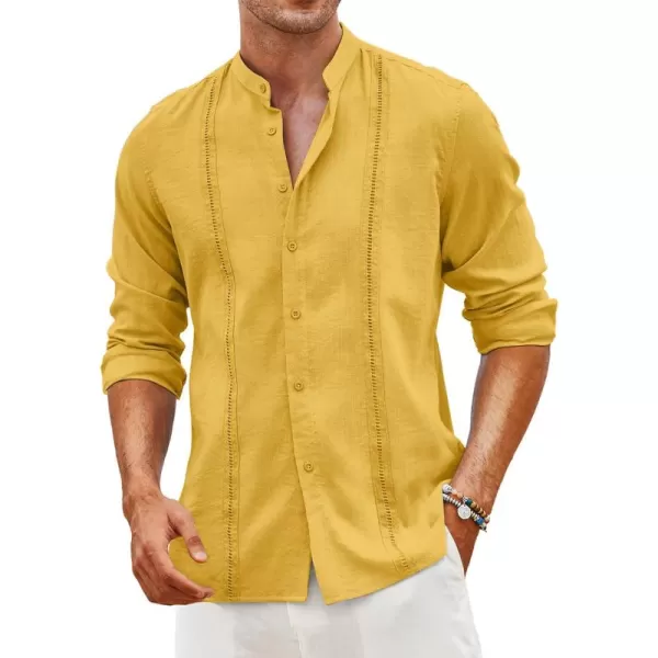 COOFANDY Men's Cuban Guayabera Shirts Casual Long Sleeve Button Down Shirts Band Collar Linen Summer Beach Shirts