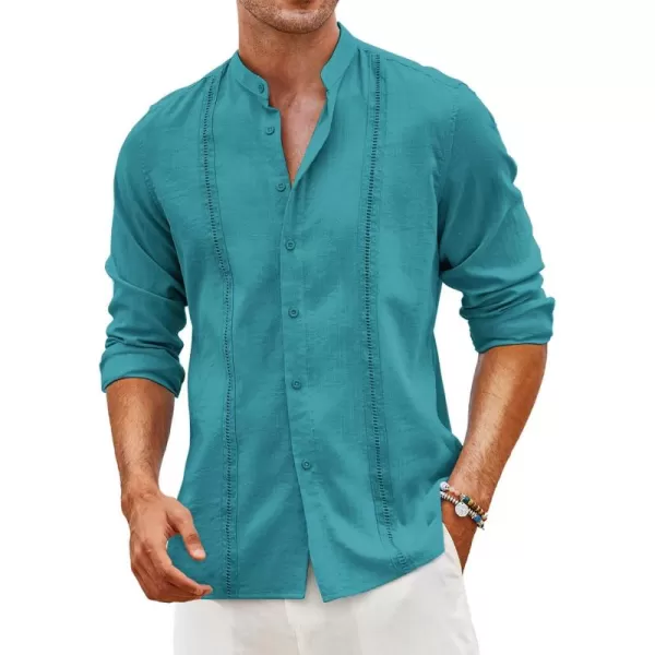 COOFANDY Men's Cuban Guayabera Shirts Casual Long Sleeve Button Down Shirts Band Collar Linen Summer Beach Shirts