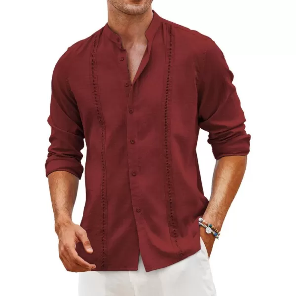 COOFANDY Men's Cuban Guayabera Shirts Casual Long Sleeve Button Down Shirts Band Collar Linen Summer Beach Shirts