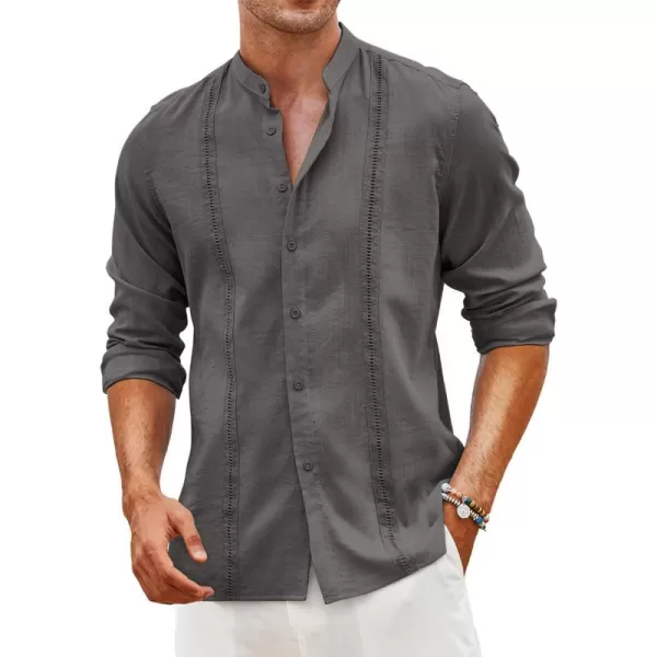 COOFANDY Men's Cuban Guayabera Shirts Casual Long Sleeve Button Down Shirts Band Collar Linen Summer Beach Shirts