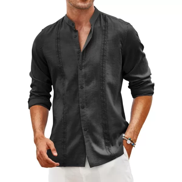 COOFANDY Men's Cuban Guayabera Shirts Casual Long Sleeve Button Down Shirts Band Collar Linen Summer Beach Shirts