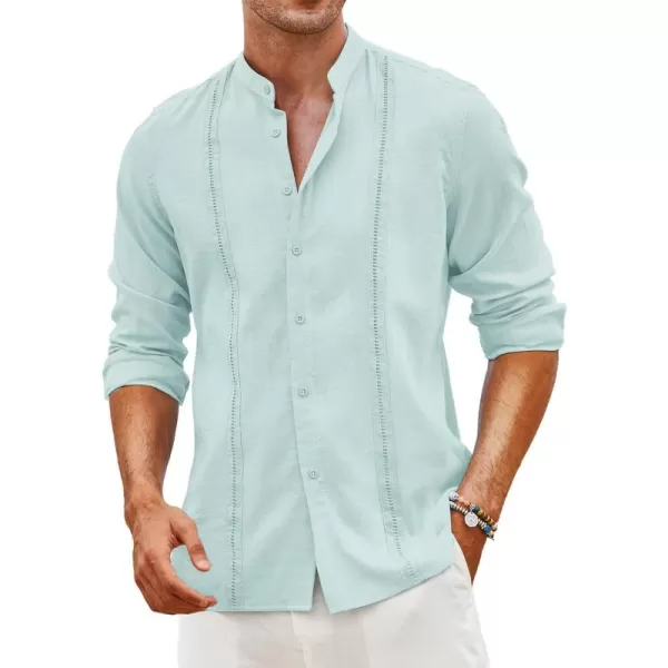 COOFANDY Men's Cuban Guayabera Shirts Casual Long Sleeve Button Down Shirts Band Collar Linen Summer Beach Shirts