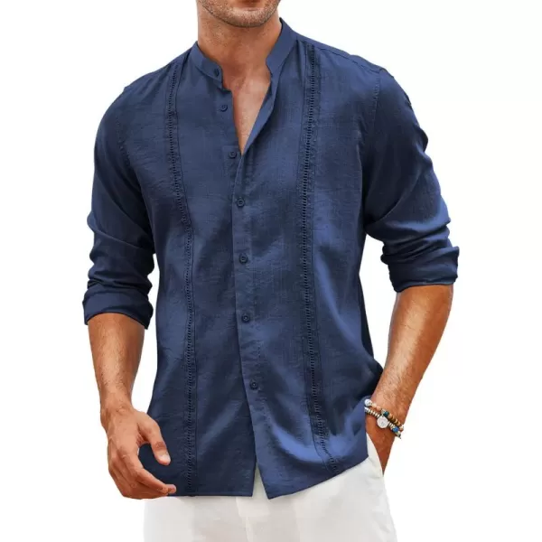 COOFANDY Men's Cuban Guayabera Shirts Casual Long Sleeve Button Down Shirts Band Collar Linen Summer Beach Shirts