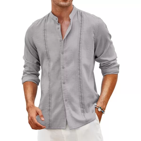 COOFANDY Men's Cuban Guayabera Shirts Casual Long Sleeve Button Down Shirts Band Collar Linen Summer Beach Shirts
