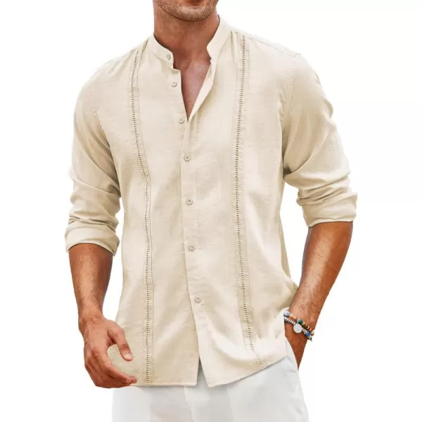 COOFANDY Men's Cuban Guayabera Shirts Casual Long Sleeve Button Down Shirts Band Collar Linen Summer Beach Shirts