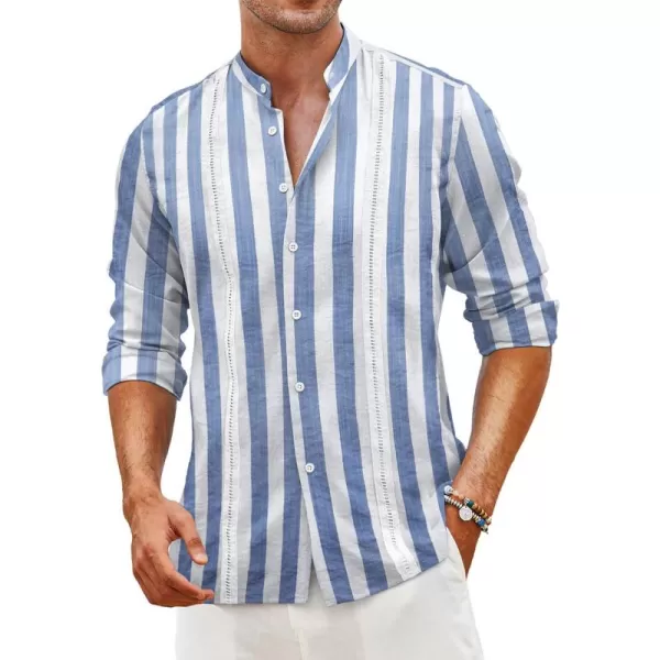 COOFANDY Men's Cuban Guayabera Shirts Casual Long Sleeve Button Down Shirts Band Collar Linen Summer Beach Shirts