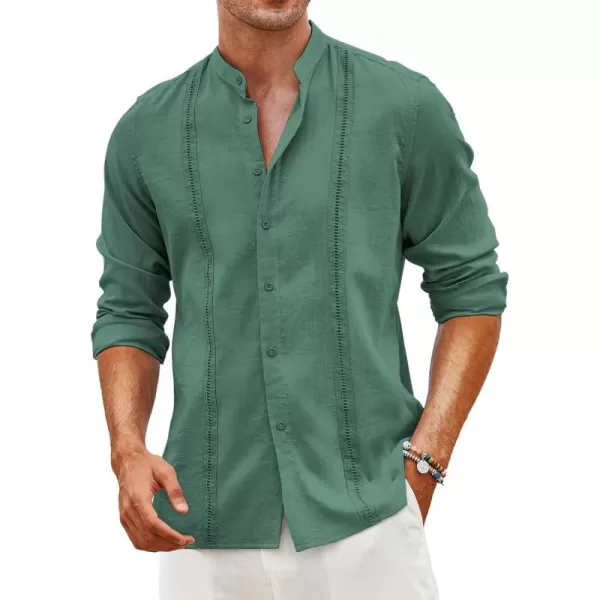 COOFANDY Men's Cuban Guayabera Shirts Casual Long Sleeve Button Down Shirts Band Collar Linen Summer Beach Shirts
